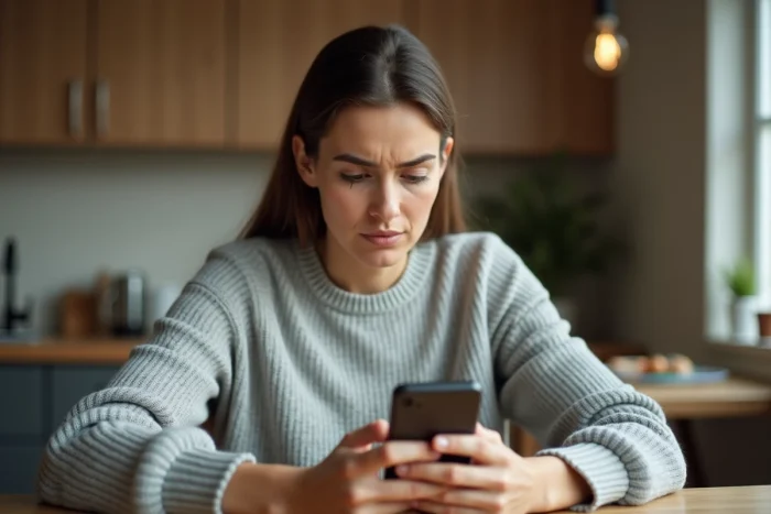 Femme regardant un numéro de téléphone inconnu sur son smartphone dans une cuisine moderne