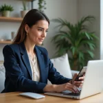 Femme en blazer bleu clair utilisant un smartphone pour une demande de crédit