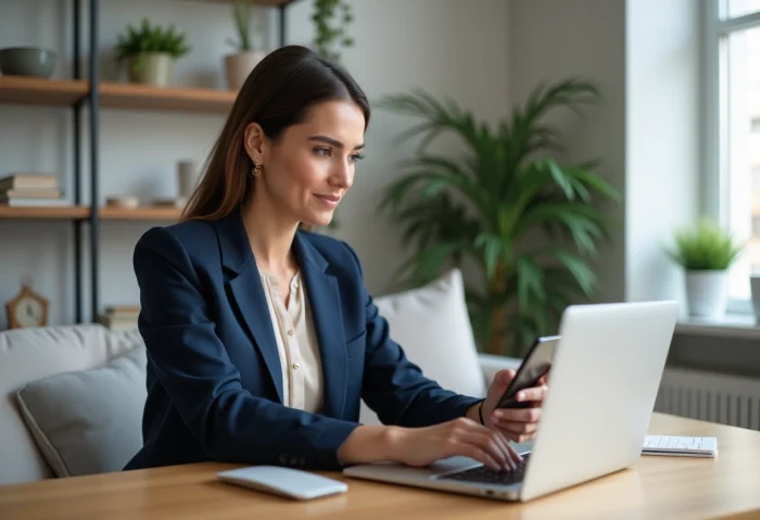 Femme en blazer bleu clair utilisant un smartphone pour une demande de crédit