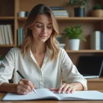 Jeune femme organisant son planner dans un bureau à domicile