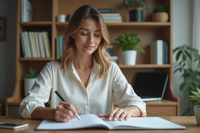 Jeune femme organisant son planner dans un bureau à domicile