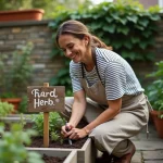 Femme installant un panneau en bois peint à la main dans un petit jardin surélevé urbain entouré d'herbes aromatiques