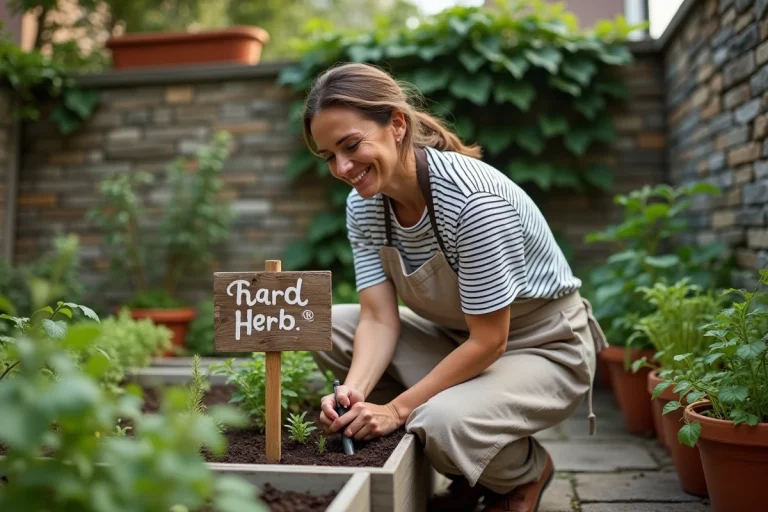 Femme installant un panneau en bois peint à la main dans un petit jardin surélevé urbain entouré d'herbes aromatiques