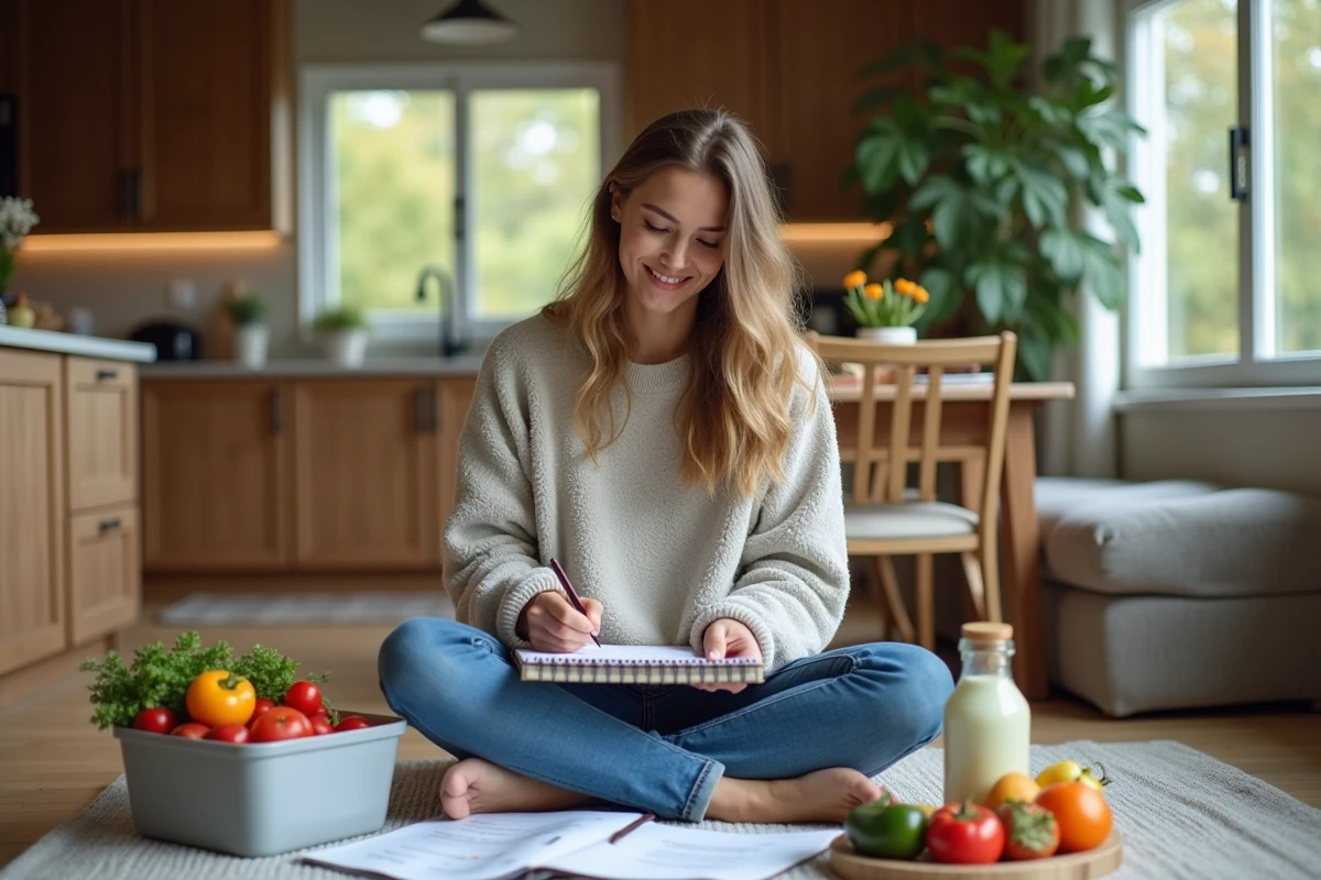 Jeune femme planifiant un repas dans une cuisine moderne