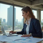 Femme professionnelle analysant des documents immobiliers et des plans architecturaux dans un bureau moderne avec vue sur la ville