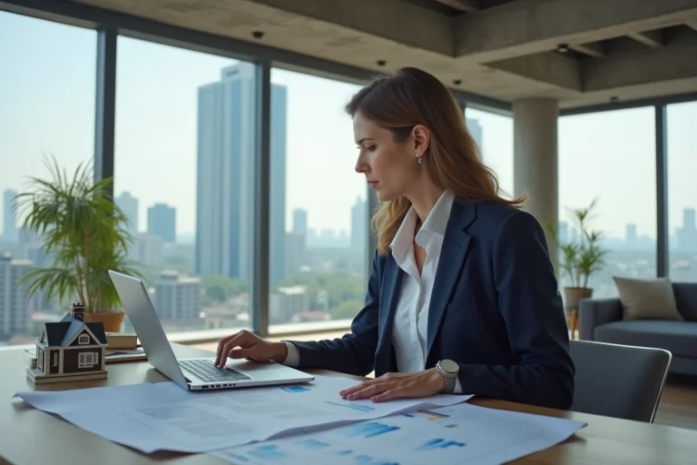 Femme professionnelle analysant des documents immobiliers et des plans architecturaux dans un bureau moderne avec vue sur la ville