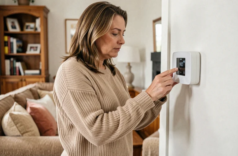 Femme réglant un thermostat programmable pour réduire la facture de chauffage à la maison