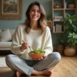 Femme souriante préparant une salade colorée dans un salon cosy