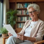 Femme senior souriante lisant une brochure dans une bibliothèque chaleureuse