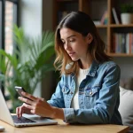 Femme concentrée utilisant son smartphone dans un appartement cosy