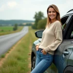 Femme souriante à côté d'un SUV hybride 2025 en campagne