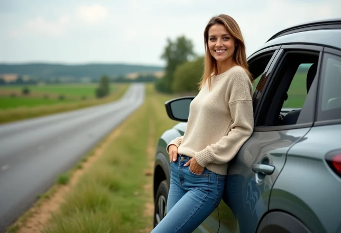 Femme souriante à côté d'un SUV hybride 2025 en campagne