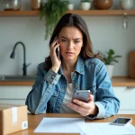Femme inquiète au téléphone dans la cuisine avec colis