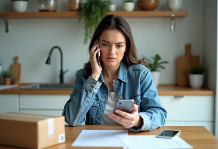 Femme inquiète au téléphone dans la cuisine avec colis