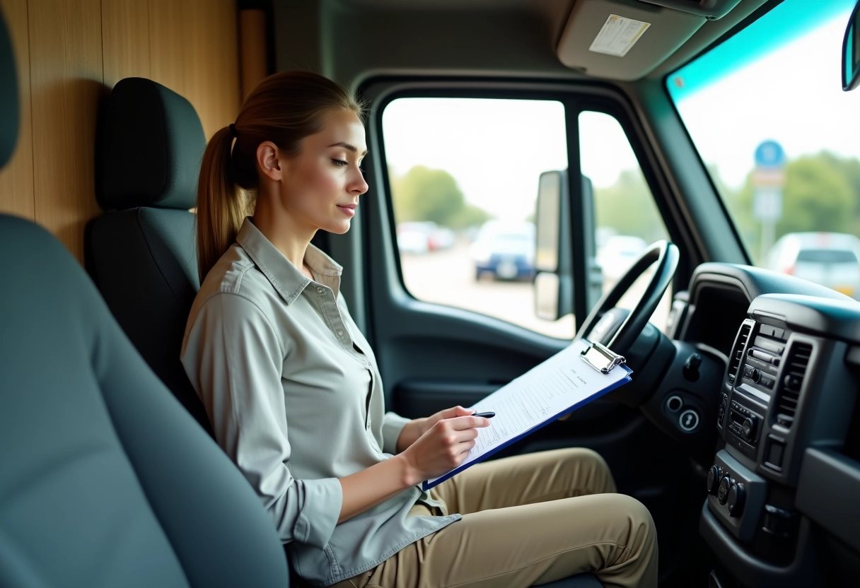 Femme vérifiant un contrat de location dans un camion de déménagement