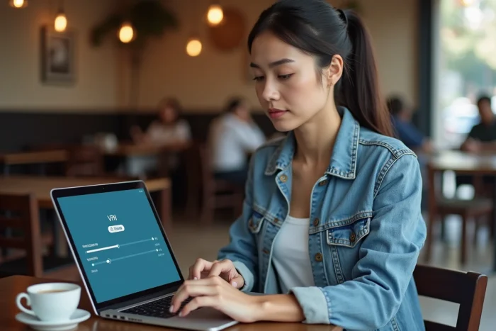 Femme utilisant une application VPN sur son ordinateur portable dans un café pour contourner le blocage d'un site de téléchargement