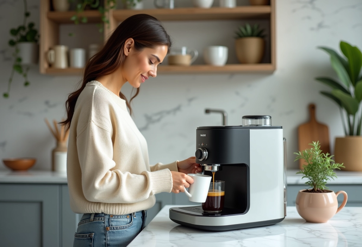 Jeune femme verse du café dans une tasse dans une cuisine moderne