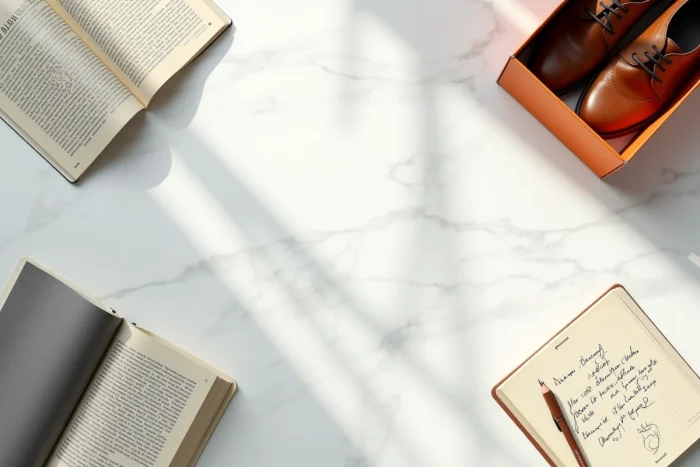 Flat-lay éditorial avec magazine de mode, carnet de notes et chaussures illustrant l'origine et la signification du nom Zalando