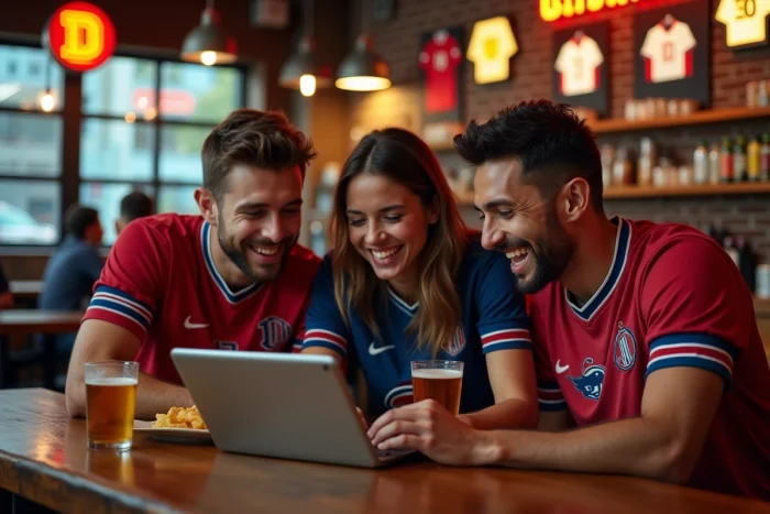 Groupe d'amis réagissant aux actualités sportives en ligne dans un bar animé autour d'une tablette