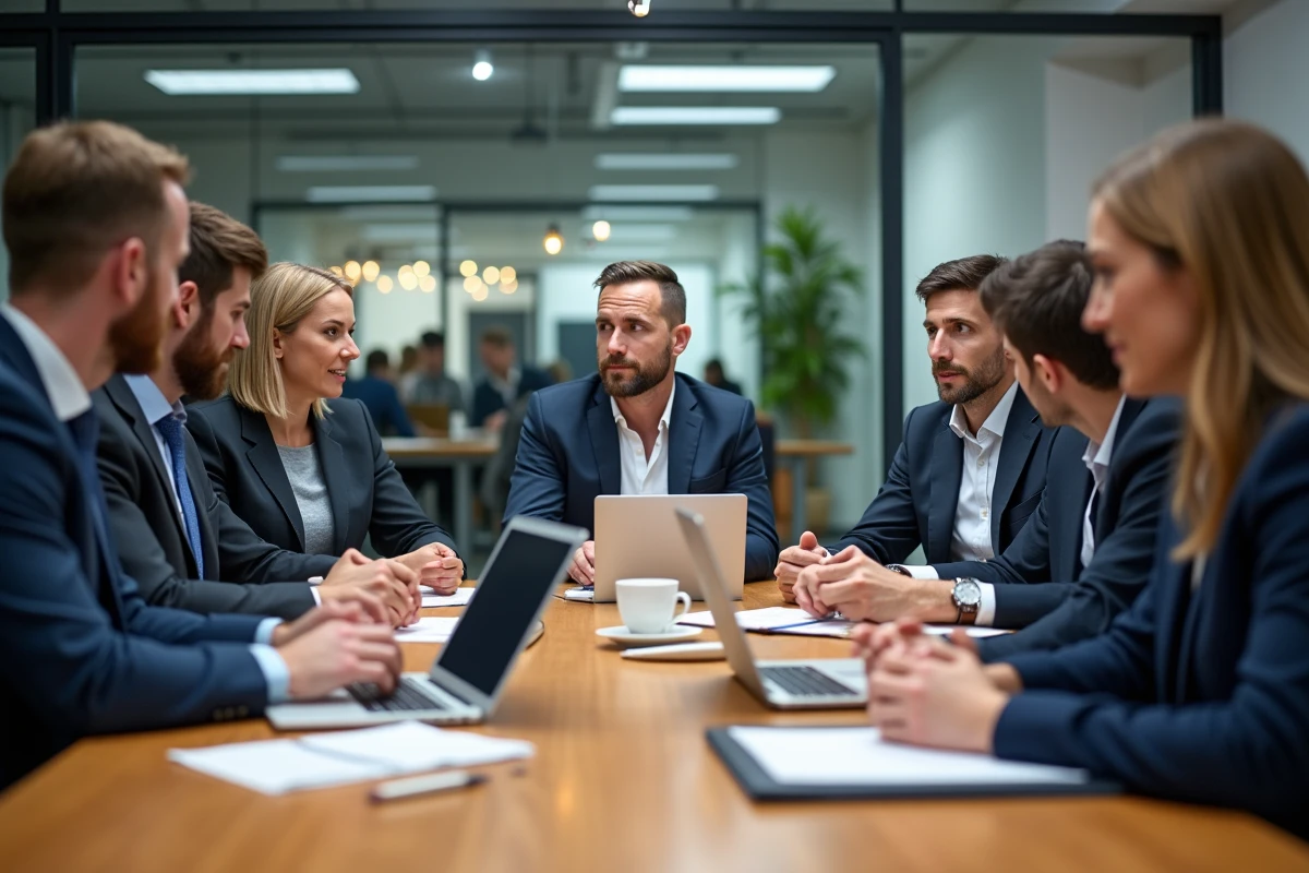 Groupe de professionnels en atelier collaboratif dans un bureau contemporain