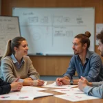Groupe d'étudiants en discussion dans un séminaire universitaire