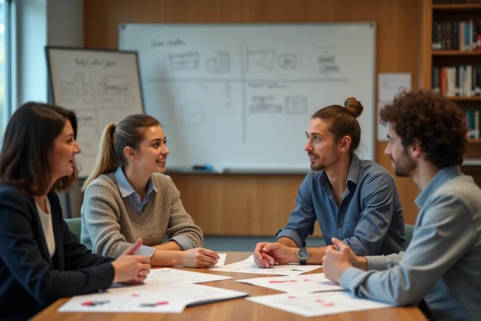 Groupe d'étudiants en discussion dans un séminaire universitaire