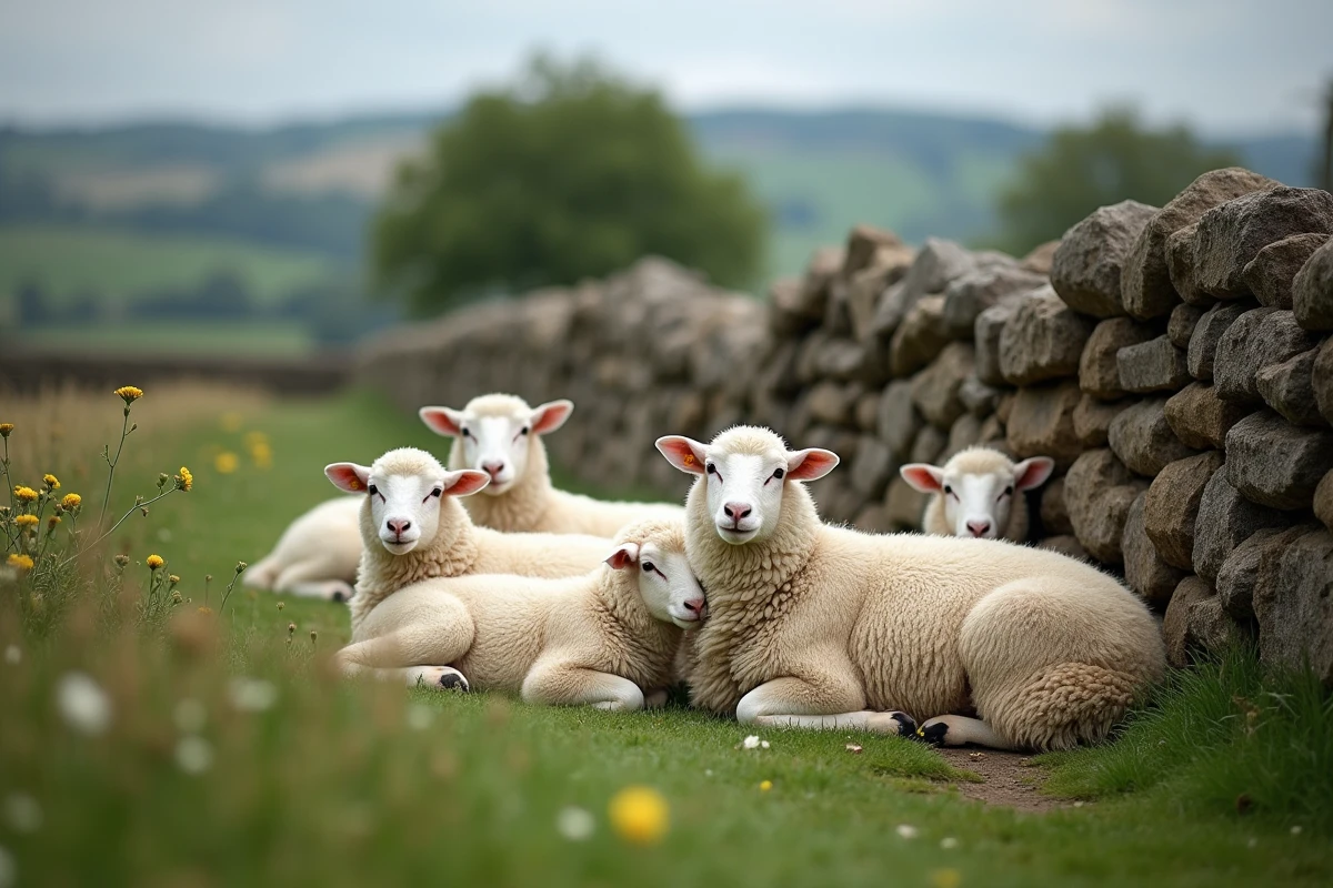 Groupe de moutons Exlana reposant près d’un mur en pierre