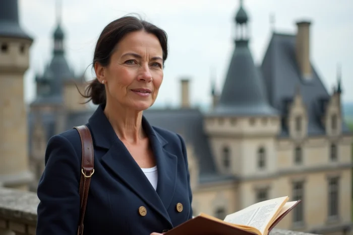 Guide historienne sur la terrasse du château de Chambord présentant l'histoire et le patrimoine du monument