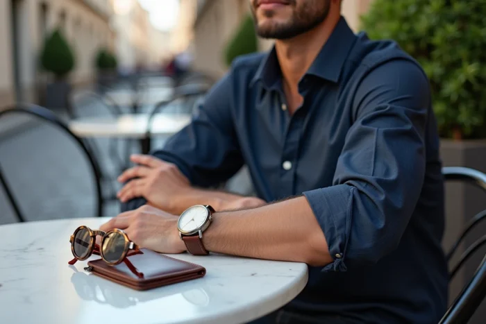 Homme portant une montre minimaliste et des accessoires de mode masculins sur une terrasse de café en Europe