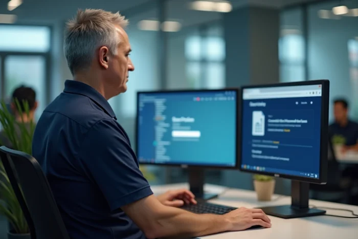 Homme en bureau open-space face à deux écrans affichant des paramètres proxy et une erreur de connexion sur un site de partage de fichiers