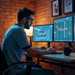 Homme concentré devant des écrans affichant des statistiques sportives en ligne dans un bureau moderne