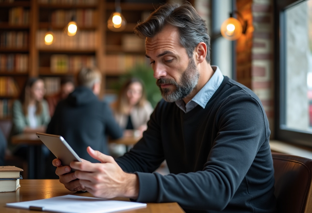Homme au café examinant un document sur une tablette pour un crédit