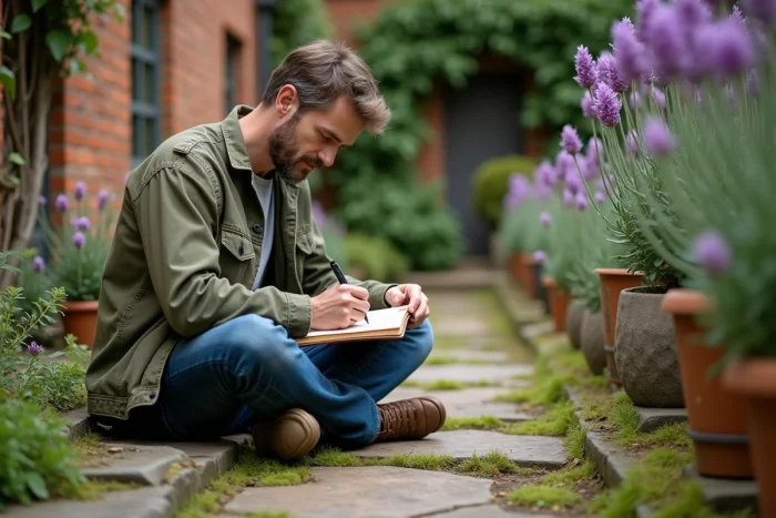 Homme assis dans un jardin en cour intérieure prenant des notes dans un carnet pour choisir le nom de son jardin