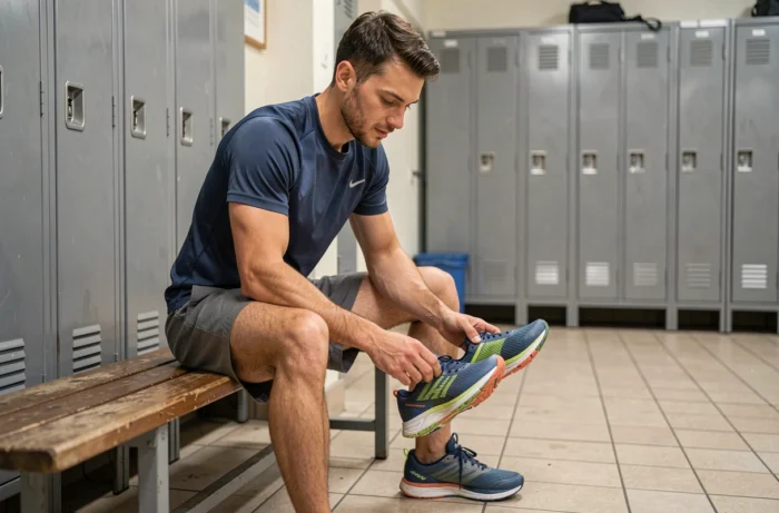 Homme comparant deux paires de chaussures de sport dans un vestiaire