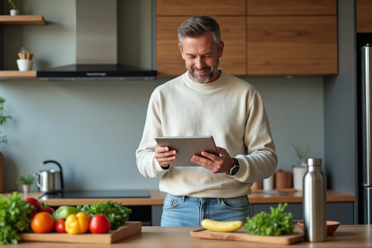 Homme préparant un repas sain dans une cuisine moderne