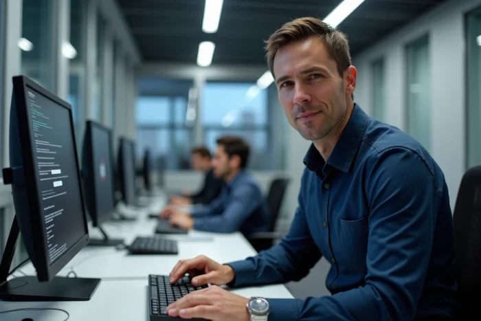 Homme en chemise bleue résolvant un bug de connexion My Arkevia depuis son poste de travail en open space