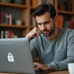 Homme frustré devant un écran d'ordinateur affichant une page d'erreur de navigateur, symbolisant un site web bloqué comme 1fichier
