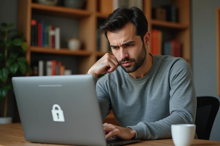 Homme frustré devant un écran d'ordinateur affichant une page d'erreur de navigateur, symbolisant un site web bloqué comme 1fichier