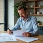Homme d'âge moyen lisant des documents immobiliers dans un appartement lumineux