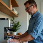 Homme d'âge moyen nettoie une machine à café dans une cuisine lumineuse