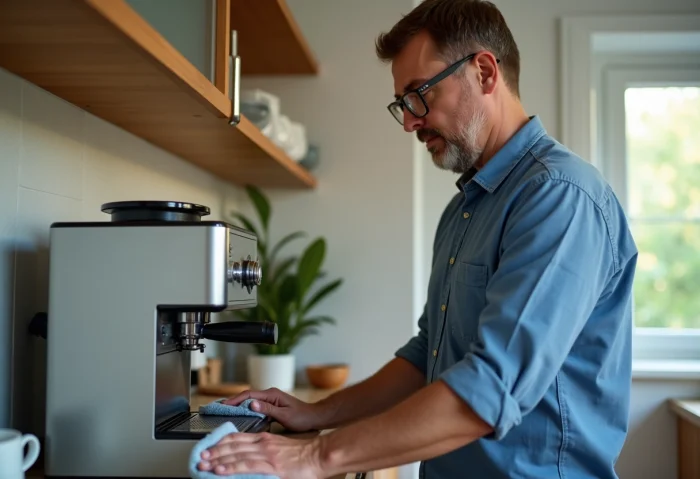 Homme d'âge moyen nettoie une machine à café dans une cuisine lumineuse