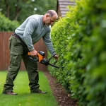 Homme utilisant un taille-haie électrique filaire pour tailler une haie verte dans un jardin entretenu