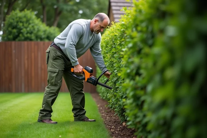 Homme utilisant un taille-haie électrique filaire pour tailler une haie verte dans un jardin entretenu