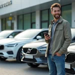 Homme inspectant une voiture d'occasion dans un concessionnaire