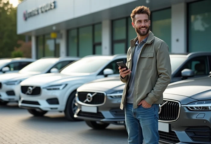 Homme inspectant une voiture d'occasion dans un concessionnaire