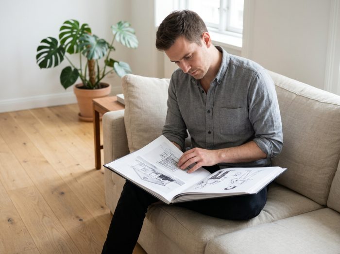 Illustrateur masculin révisant les pages imprimées de son portfolio artistique sur un canapé dans un appartement minimaliste
