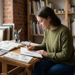 Illustratrice concentrée dessinant dans un carnet de croquis à sa table de travail en bois dans un studio artistique