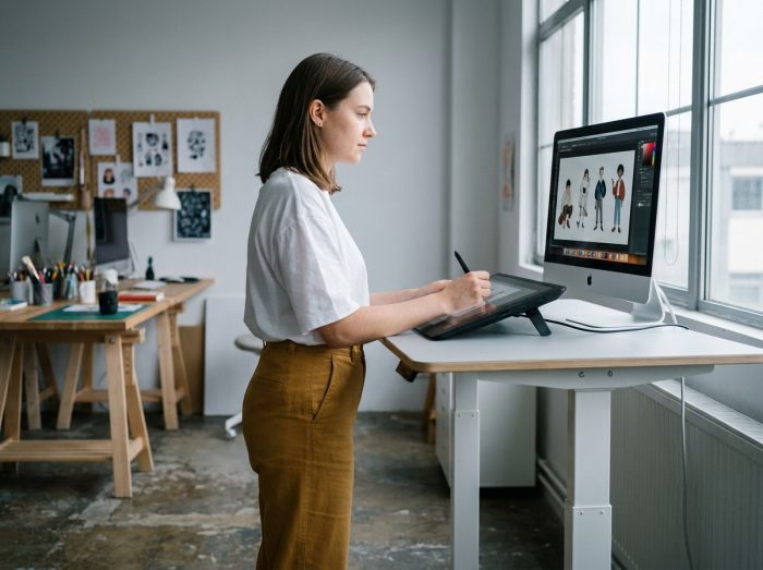 Illustratrice travaillant sur une tablette graphique dans un studio créatif partagé pour construire un portfolio cohérent