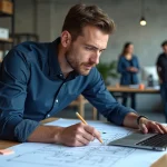Ingénieur en laboratoire d'innovation analysant des plans techniques pour développer une innovation disruptive