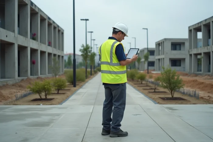 Ingénieur mesurant la surface d'espace vert sur dalle dans un chantier de construction résidentiel